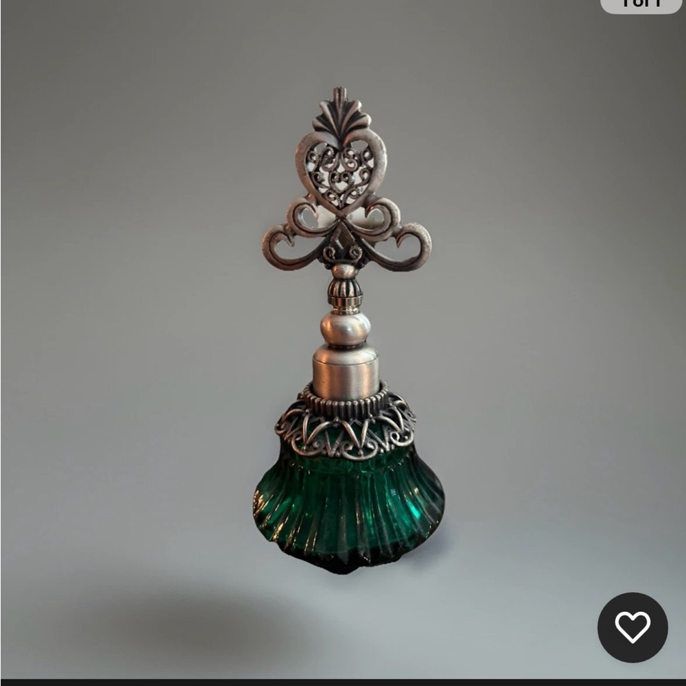 Vintage Pewter and Green Glass Perfume Bottle